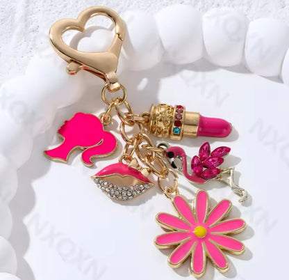 Pretty Rose Red Bag & Flamingos Lipstick Enamel Keychain Set