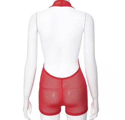 “Lip stick” Mesh Red Halter Romper