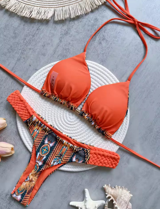 ”Sun Burnt” Print Halter Mini Thong High-Cut