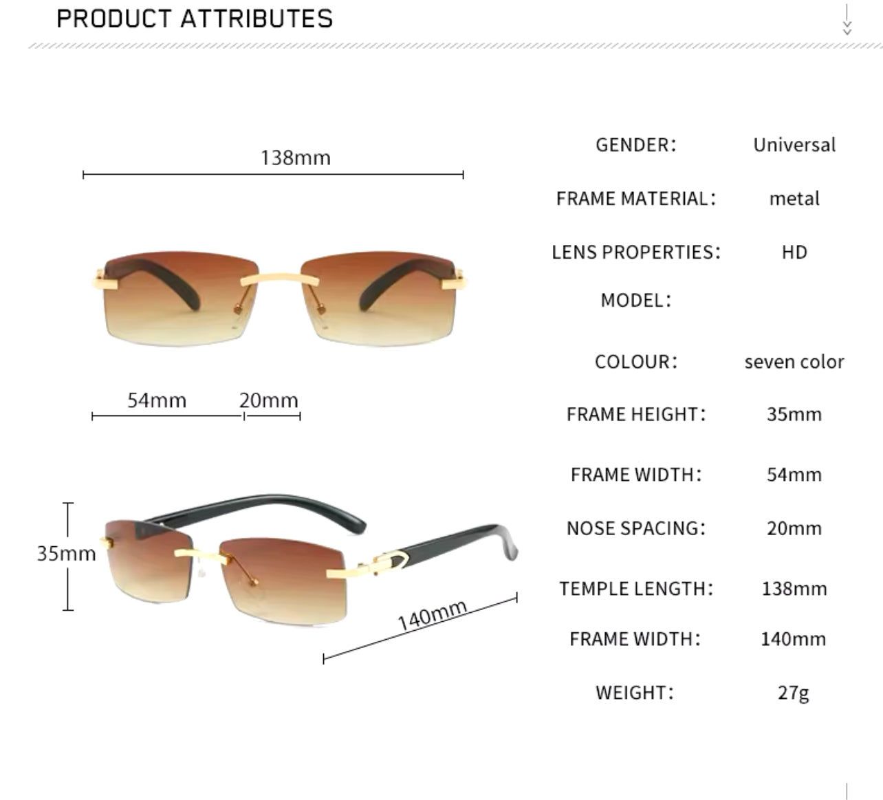 Rimless Rectangle Sunglasses with Vintage Gradient Ocean Lenses