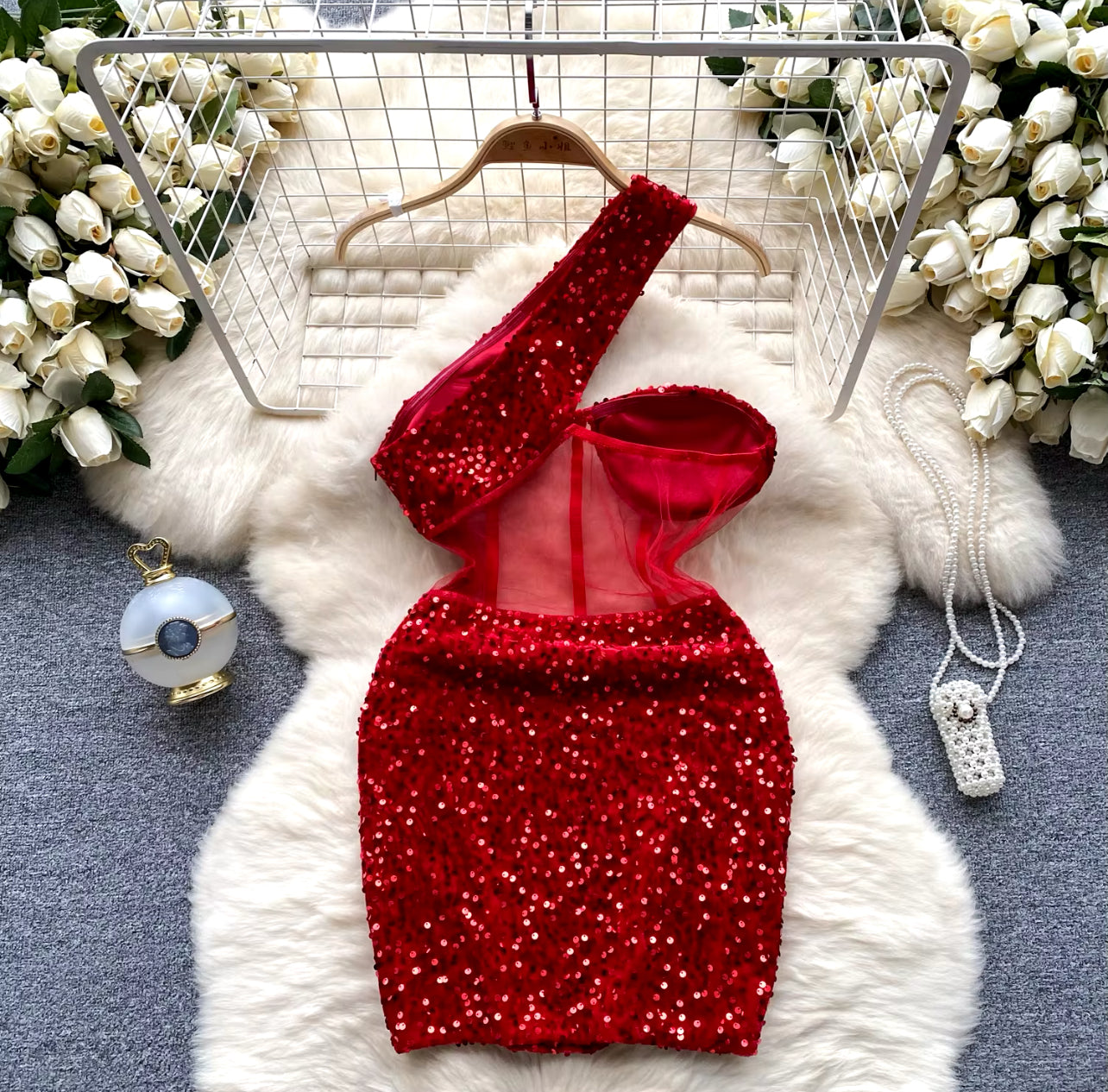 “Ruby” One Shoulder Sequins  Bodycon Mini Dress