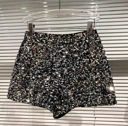 Women’s Black Velvet Sequined Shorts – Shiny Clubwear Party Pants