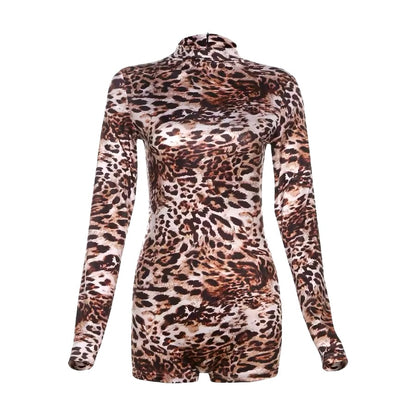 Women's Long Sleeve Leopard Mesh Romper 