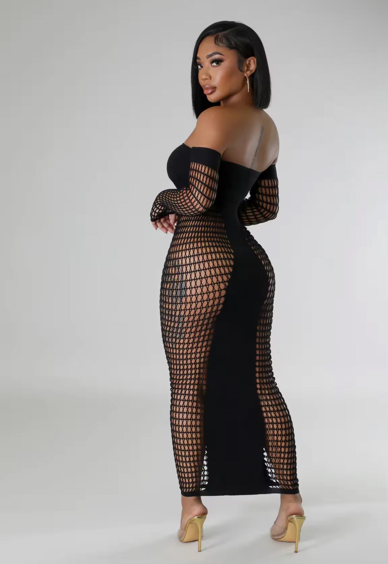 “Catch on” Black Mesh Off The Shoulder Fashion Dress