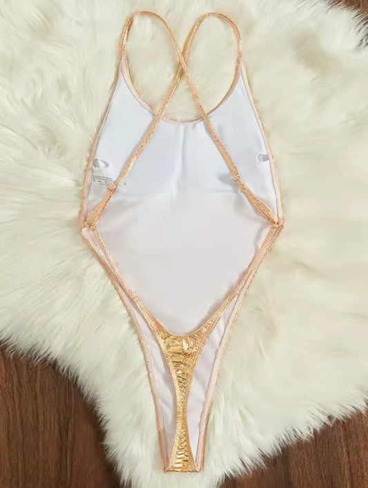 Golden Shiny Snake Print One-Piece Swimsuit
