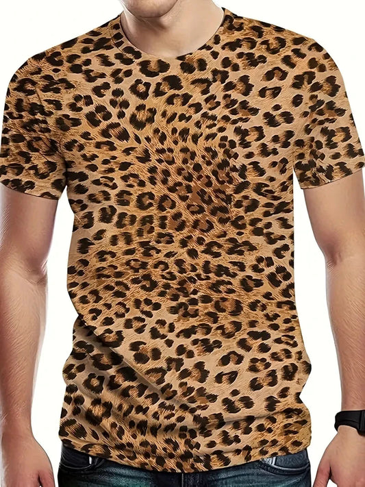 Fashion Leopard Print Round Neck Short Sleeve Men's T-Shirt