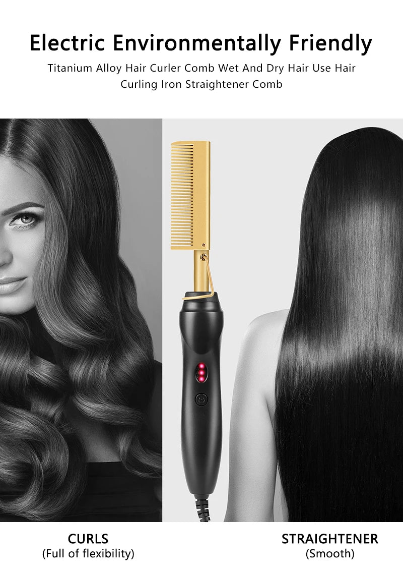 2-in-1 Electric Hot Heating Comb – Hair Straightener & Curler for Wet and Dry Hair