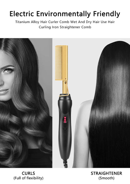 2-in-1 Electric Hot Heating Comb – Hair Straightener & Curler for Wet and Dry Hair