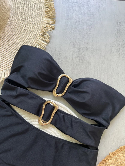 3 Colors Sexy Metal Rings Cut-Out One-Piece Swimsuit