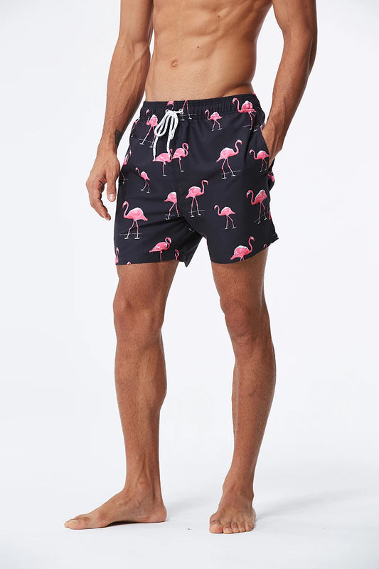 Men's Navy Blue Flamingo Print Swimwear Trunks