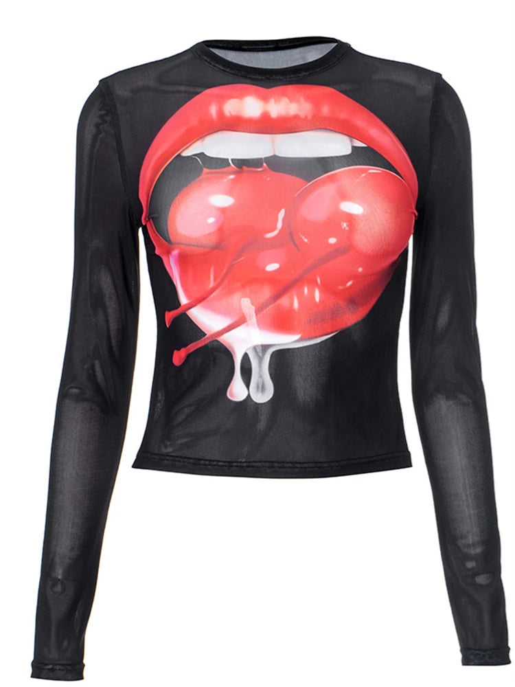 Cherry Lips Graphic Mesh Long Sleeve Crop Top