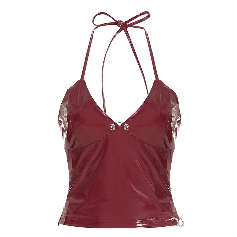 Red PU Leather Halter Bandage Crop Top