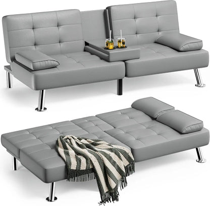 Leather Sofa Bed Futon with Removable Armrests