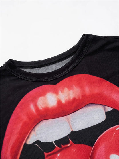 Cherry Lips Graphic Mesh Long Sleeve Crop Top