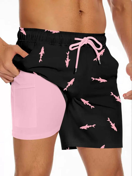 Men's Sharks Print Drawstring Shorts with Pockets