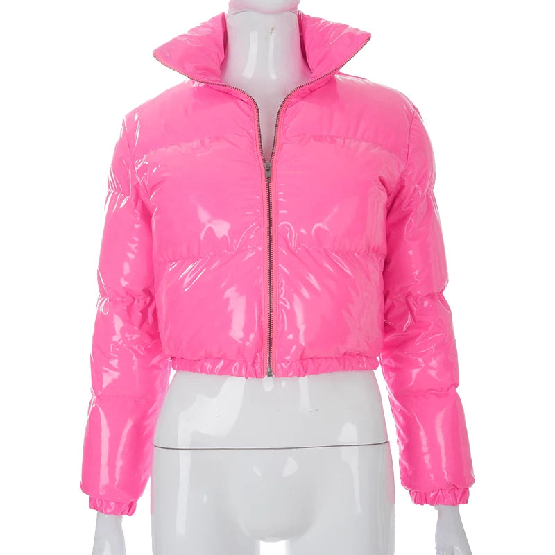 Winter Collar Zipper Long Sleeve Bright PU Thick Bubble Coat