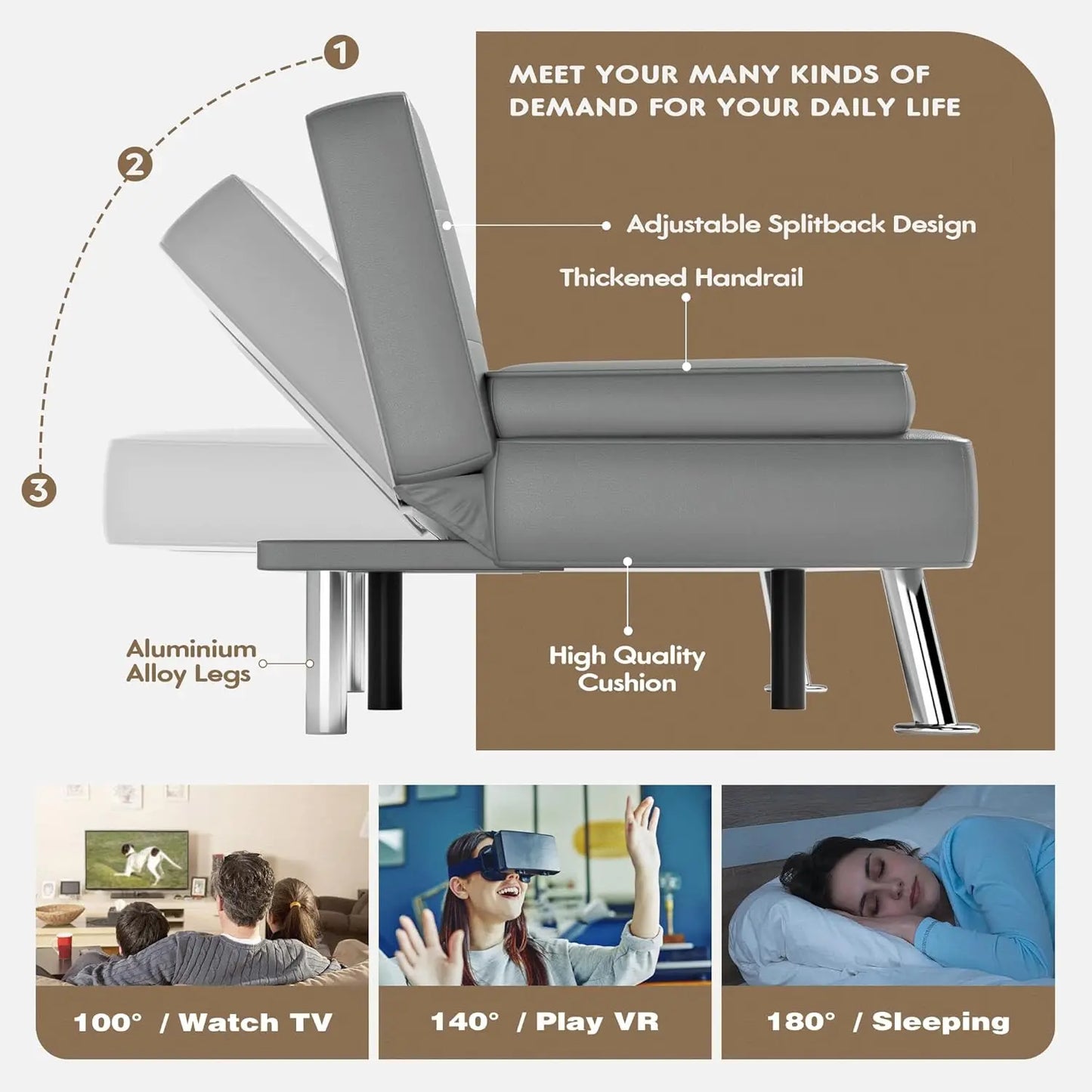 Leather Sofa Bed Futon with Removable Armrests