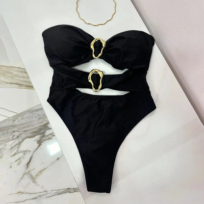 3 Colors Sexy Metal Rings Cut-Out One-Piece Swimsuit