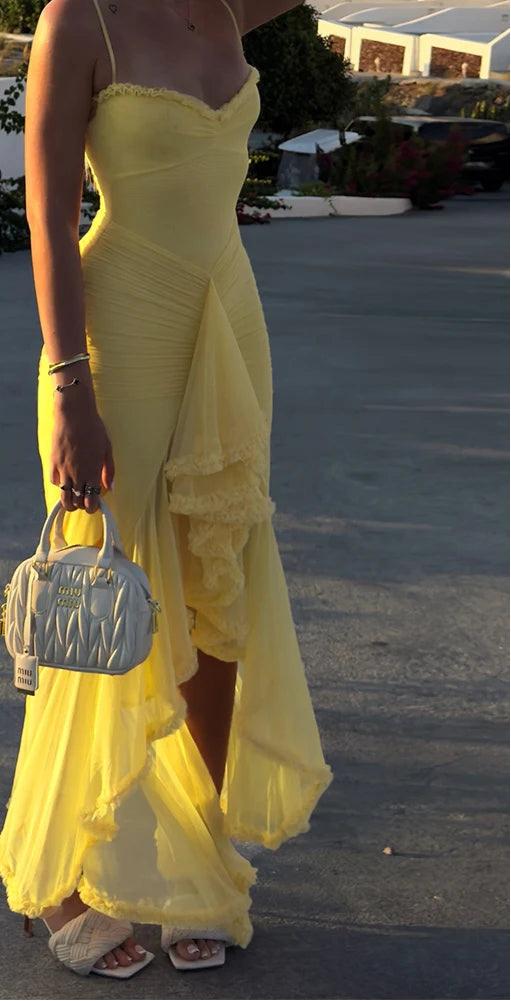 Veria Yellow  Mesh Spaghetti Strap Dress - Weeknd Shop Online 