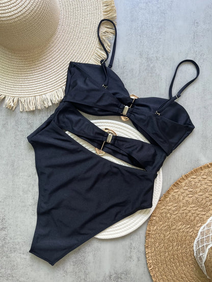 3 Colors Sexy Metal Rings Cut-Out One-Piece Swimsuit