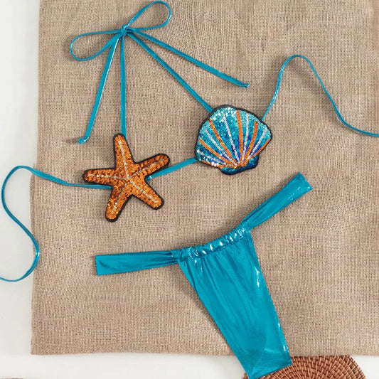 Shiny Sequin Shell Starfish Bikini Set
