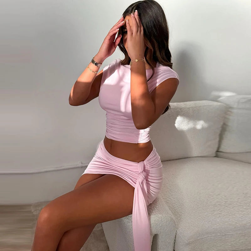 Solid Color Pleated Backless Sexy Two-Piece Set