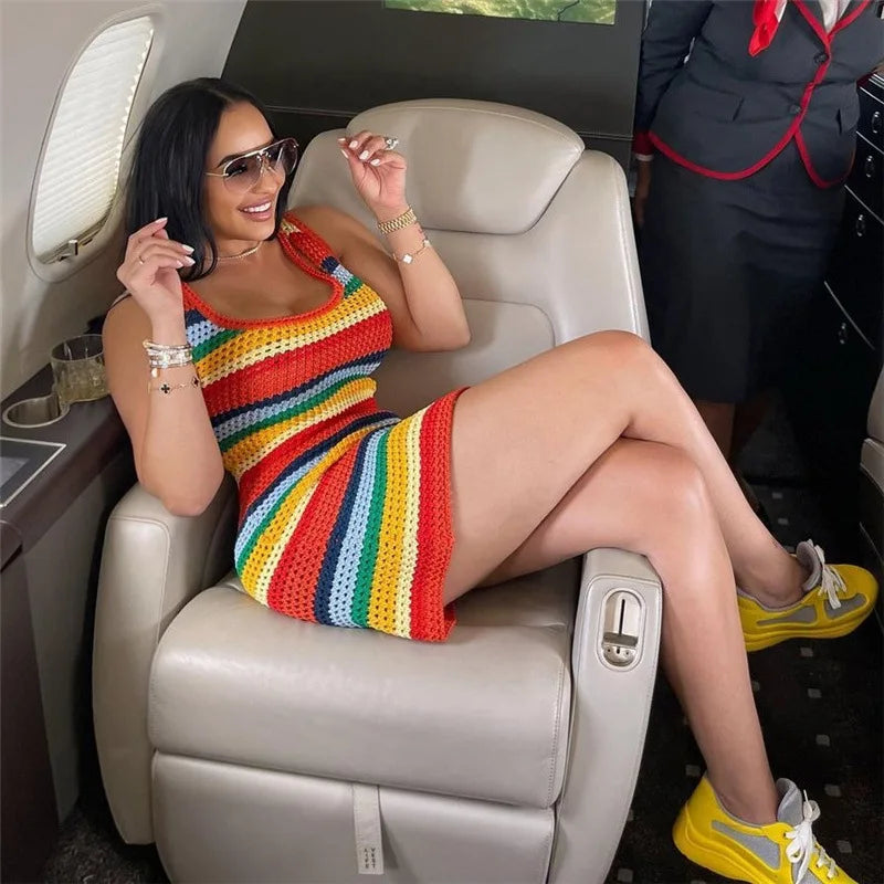 Striped Knitted Hollow Out Mini Dress