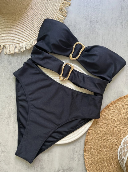 3 Colors Sexy Metal Rings Cut-Out One-Piece Swimsuit