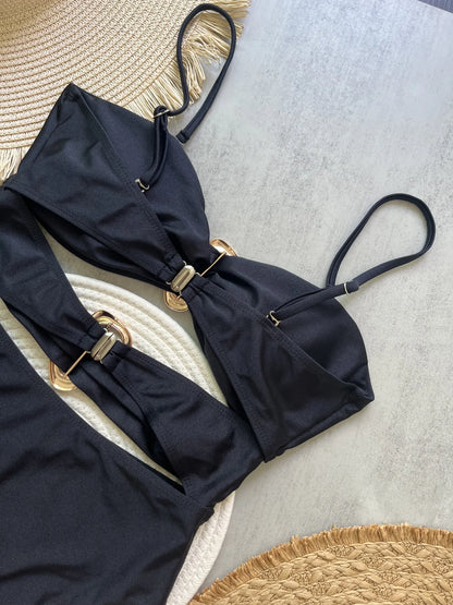 3 Colors Sexy Metal Rings Cut-Out One-Piece Swimsuit