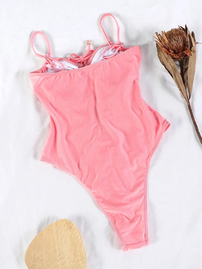 Aniya Pink Women’s Solid Color Bandage One Piece Swimsuit