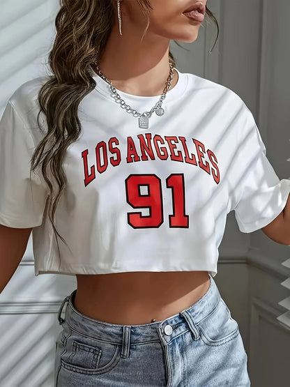 Los Angeles Number 91 Graphic Round Neck Sports Crop T-shirt