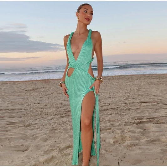 Green Ribbed Backless V-Neck with High Slit