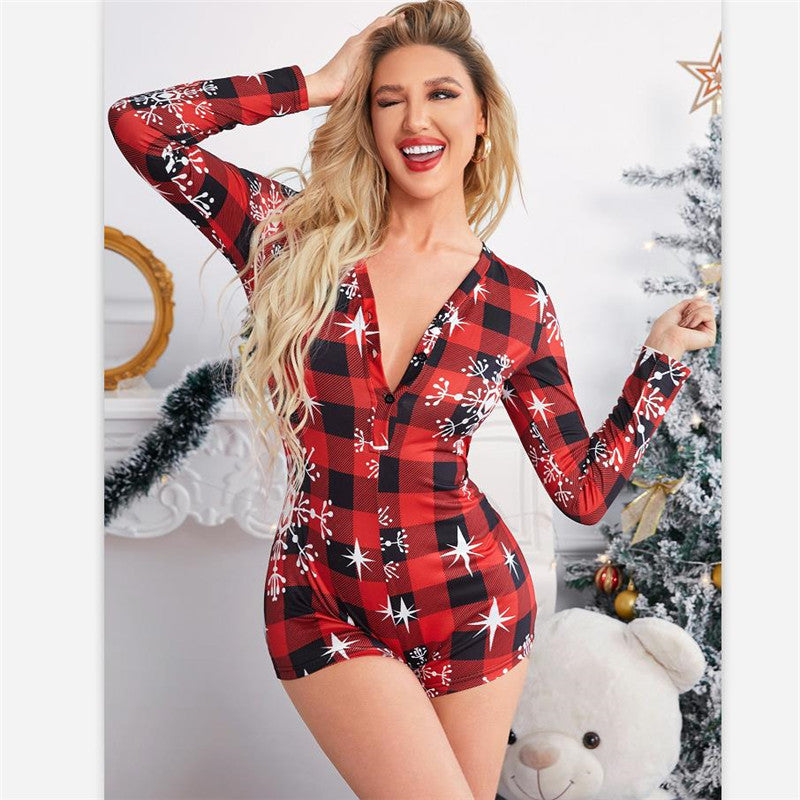 Christmas Printed Pattern Pajama V-Neck Romper