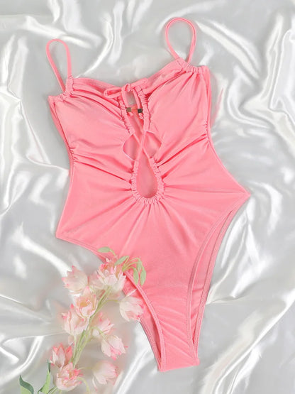 Aniya Pink Women’s Solid Color Bandage One Piece Swimsuit