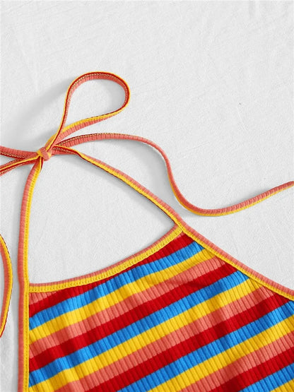 Rainbow Rib-Knit Striped Halter Top