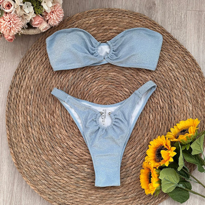 Blue Sparkle Bandeau Bikini Micro Bikini Set