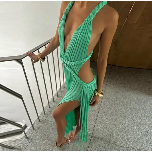 Green Ribbed Backless V-Neck with High Slit