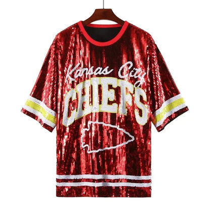 Oversized "Kansas City Chiefs" Sequins Straight T-Shirt Dress