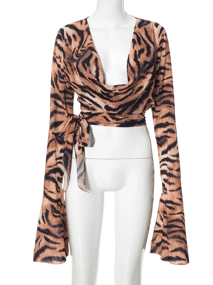 Women's Tiger Print Bandage Swing Top